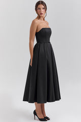Black Strapless Satin Corset Midi Dress