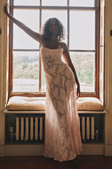 Soft Pink Floral Lace Back Maxi Dress