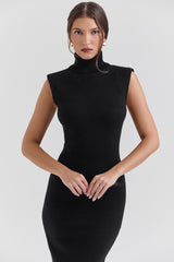 Black Cashmere Blend Turtle Neck Midi Dress