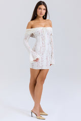Vintage Cream Floral Lace Off Shoulder Mini Dress