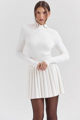 White Cashmere Blend Pleated Skated Mini Dress
