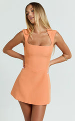Sakura Mini Dress - Square Neck Wide Strap Corset Waist A Line Skirt Dress in Orange