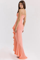 Peach Mesh Ruffled Front Gown