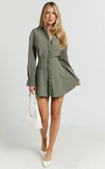 Whitney Mini Dress - Linen Long Sleeve Shirt Dress in Grey Keisha Stripe