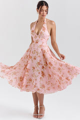 English Vintage Rose Print Georgette Halter Sundress