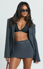 Jenni Mini Skirt - Mid Waisted Mini Belted Skirt in Slate Grey