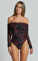 Jaythen Bodysuit - Long Sleeve Off Shoulder Ruched Mesh Bodysuit in Red Rose