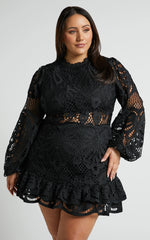 Kiss Me Now Mini Dress - Long Puff Sleeve Dress in Black Lace