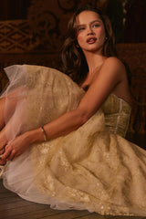 Gold Metallic Lace Tulle Midi Gown