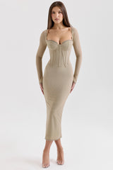 Beige Mesh Long Sleeve Bodycon Midi Dress