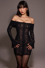Black Floral Lace Off Shoulder Mini Dress