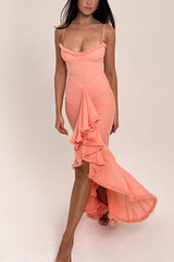 Peach Mesh Ruffled Front Gown