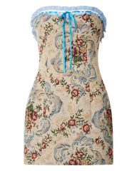 Dana Mini Dress - Jacquard Strapless Contrast Trim Bodycon Dress in Cream