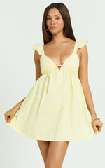 Maisy Mini Dress - Ruffle Sleeve V Neck Dress in Yellow