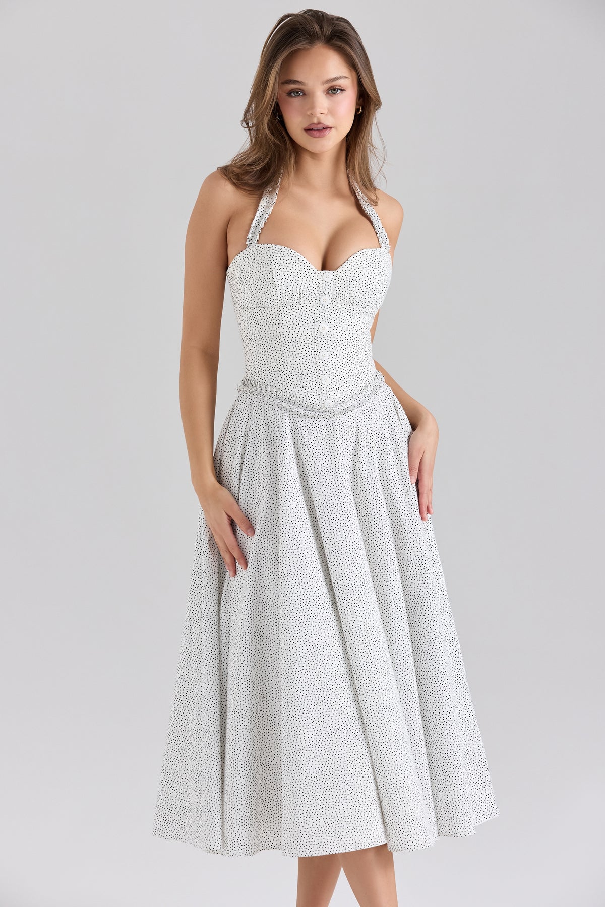 Cotton Halter Neck Polka Dot Print Midi Dress