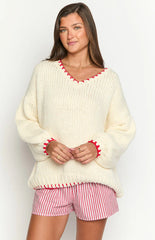 Delvey Cream And Red Contrast Stitch Chunky Knit Sweater