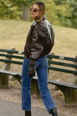 Dark Brown Vegan Leather Bomber Jacket