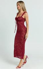 Collette Midi Dress - Ruched Bust Wide Strap Detail Lace Midi Dress in Wine
