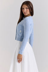 Blue Lambswool Floral Embroidered Cardigan