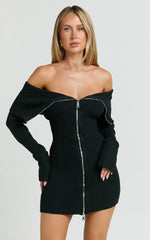 Madeline Mini Dress - Folded Off Shoulder Double Zip Hardware Front Knit Dress in Black
