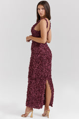 Merlot Plunge Floral Appliqué Maxi Dress