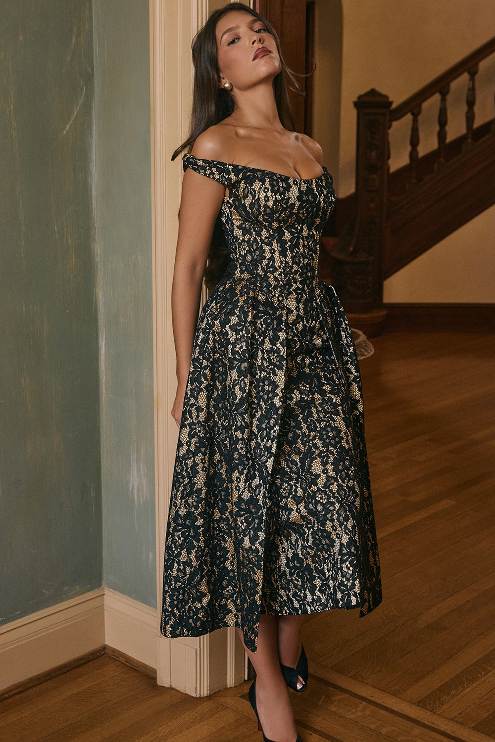 Black Gold Lace Off Shoulder Midi Gown