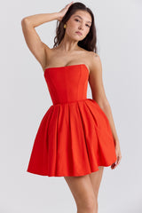 Italian Tomato Strapless Pleated Mini Dress