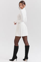 White Cashmere Blend Pleated Skated Mini Dress