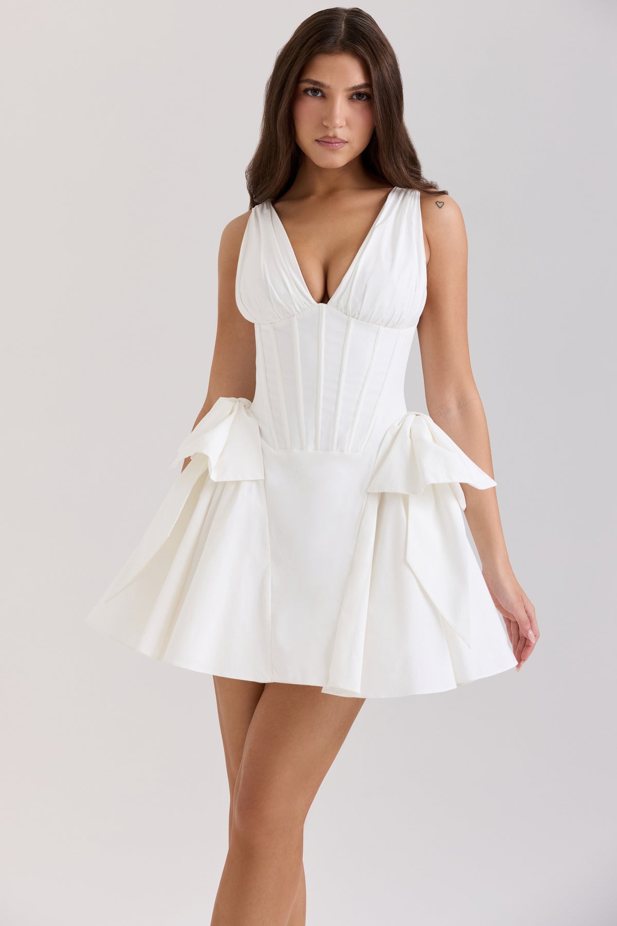 White Stretch Cotton Bow Mini Dress