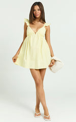Maisy Mini Dress - Ruffle Sleeve V Neck Dress in Yellow