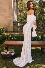 Vintage Cream Floral Lace Off Shoulder Maxi Dress