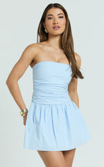 Donatella Mini Dress - Strapless Drop Waist Dress in Blue