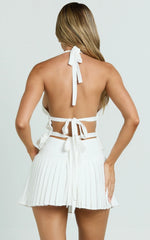 Erica Top - High Neck Halter Pleated Tie Back Top in Off White