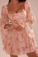 English Vintage Rose Print Puff Sleeve Mini Dress