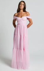 Ontario Maxi Dress - Off Shoulder Corset Bodice Tulle Dress in Ballet Pink