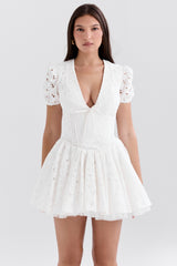 White Pleated Broderie Anglais Mini Dress