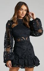 Kiss Me Now Mini Dress - Long Puff Sleeve Dress in Black Lace