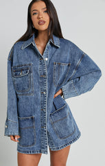 Harlow Jacket - Oversized Long Sleeve Denim Jacket in Mid Blue Wash