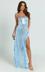 Belize Maxi Dress - Sequin Asymmetric Ruffle Split Bodycon Dress in Sky Blue