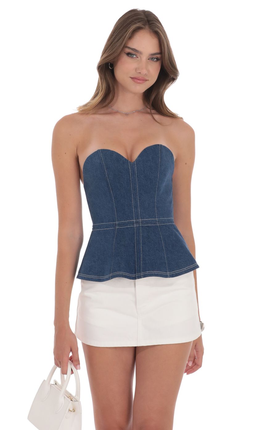 Strapless Peplum Denim Top in Blue