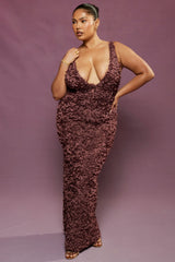 Merlot Plunge Floral Appliqué Maxi Dress