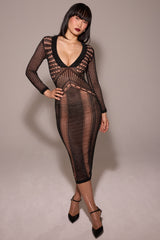 Black Plunge Open Knit Midi Dress