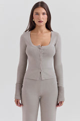 Grey Cashmere Ribbed Cuff Cardigan