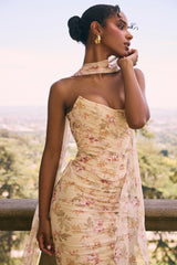 Honeyflower Print Strapless Corset With Neck Scarf