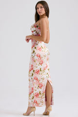 Pink Peony Print Satin Maxi Dress