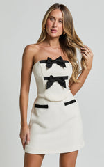 Bettina Two Piece Set - Strapless Boucle Bow Top and Mini Skirt Set in Cream