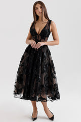 Black Embroidered Tulle Corset Midi Dress