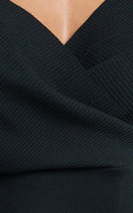 Petra Top - Long Sleeve Wrap Ribbed Knit Top in Black