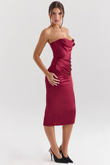 Berry Satin Strapless Midi Dress
