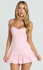 Morgana Playsuit - Tie Shoulder Ruffle Hem Playsuit in Peach